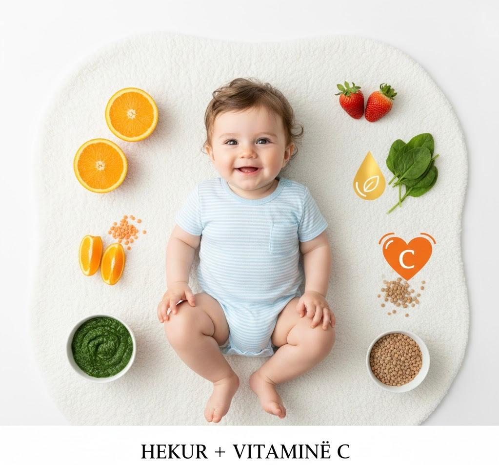 Foshnjë e rrethuar nga burime ushqimore të hekurit dhe vitaminës C